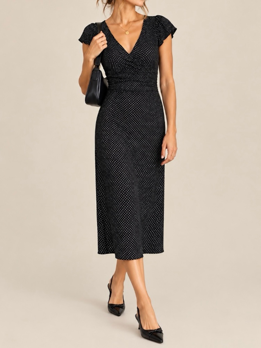 Express Black Polka Dot Ruched Flutter Sleeve Midi Dress